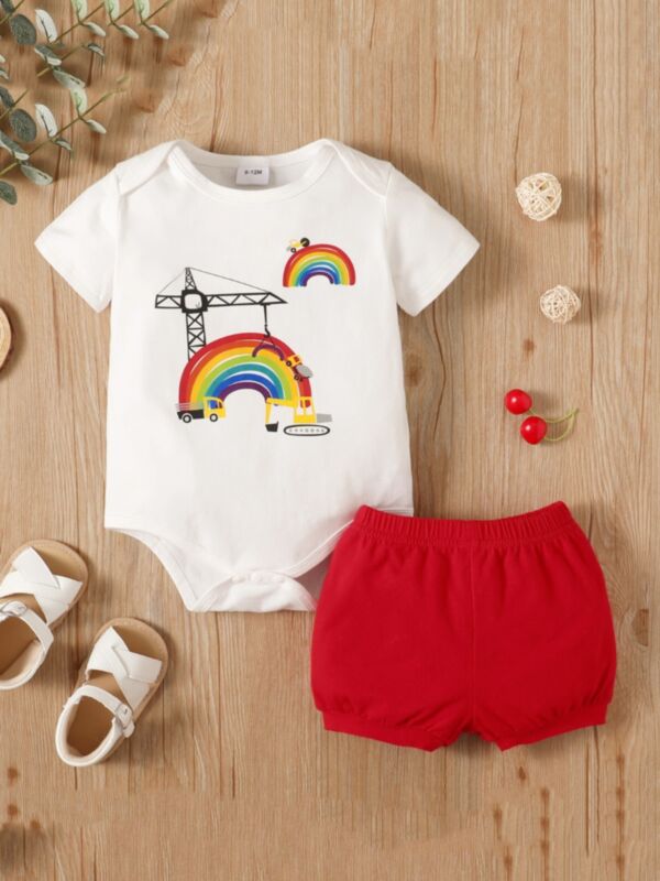 Two Pieces Rainbow Car Print Baby Girl Outfit Sets Onesies And Shorts 21080196