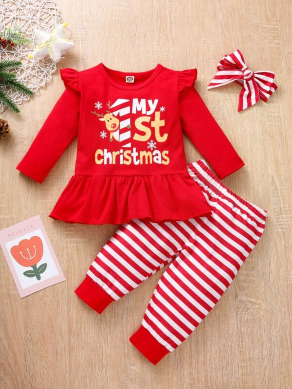 My 1st Christmas Striped Print Wholesale Girls Clothes Sets Top Trousers  Headband 210821660