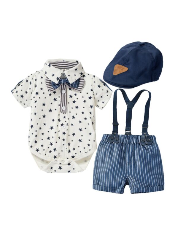 Star Bowtie Shirt Bodysuit & Striped Suspender Short & Hat Wholesale Baby Clothing Sets 210904747