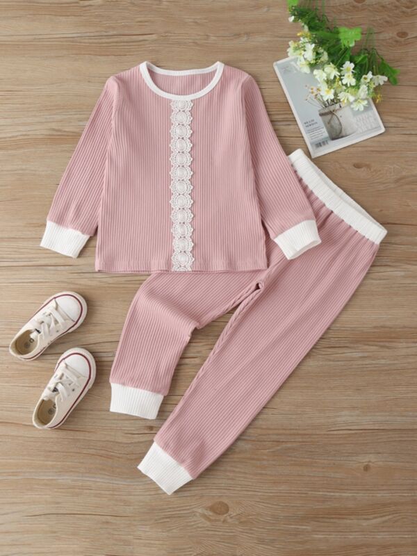 Lace Trim Ribbed Top & Pants For Kid Girls Wholesale Girls Clothes Sets 21091248