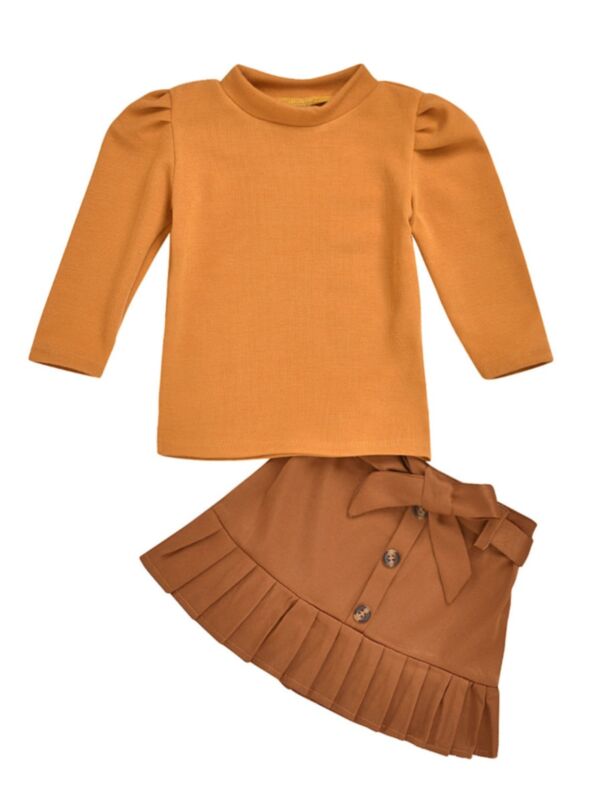2 Pieces Solid Color Top And Button Pleated Skirt Girls Sets Kids Wholesale Clothing 210922927