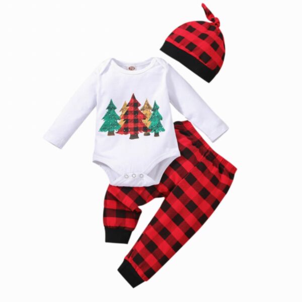 Christmas Tree Pattern Bodysuit And Plaid Pants And Hat Three Piece Baby Suit 21101743