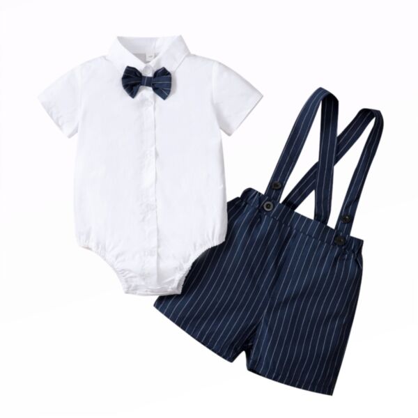 Solid White One-Piece With Bow Tie And Striped Suspender Shorts Baby Boy Sets 21101763