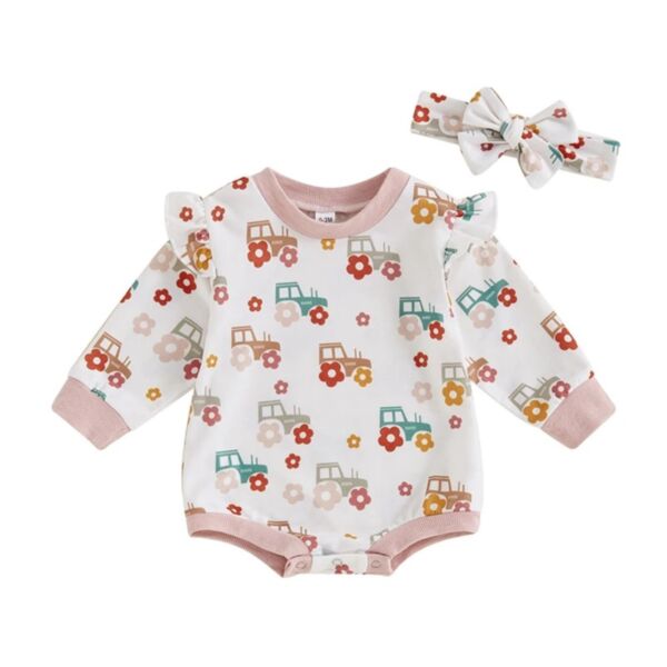 0-18M Baby Flower Car Print Flying Sleeves Bodysuit & Headband Wholesale Baby Clothes V3824062400007