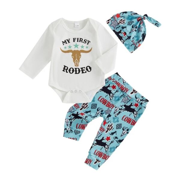 6-18M Baby Letter Bull Head Printed Round Neck Bodysuit Pants And Hat 3-Pack Wholesale Baby Clothes V3824062500001