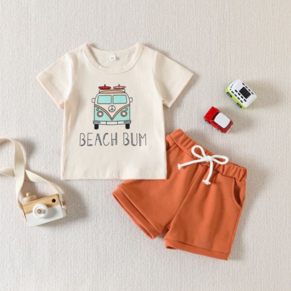 9M-3Y Bus Letter Print Short Sleeve T-Shirt And Shorts Set Baby Wholesale Clothing