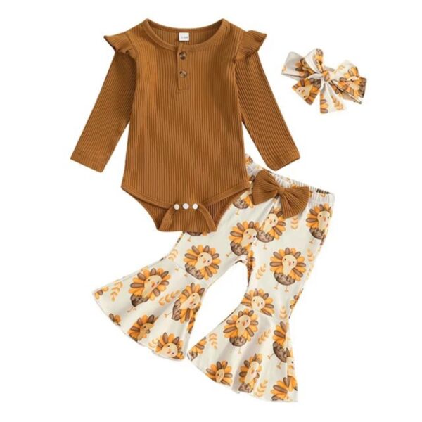 0-18M Baby Girls 3pcs Ribbed Bodysuit Cartoon Print Flared Pants With Headband Sets Wholesale Baby Clothing V3824090500147