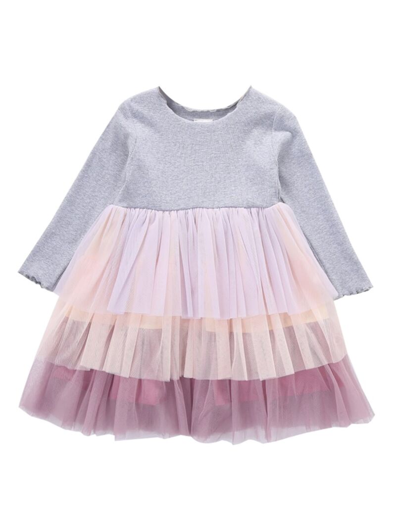 Wholesale Toddler Little Girl Mesh Patchwork Long Sleev