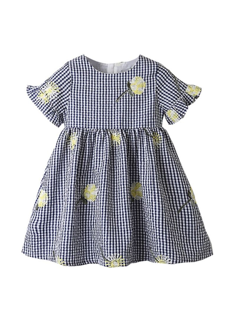 Wholesale Summer Little Girl Flower Embroidery Plaid Dr