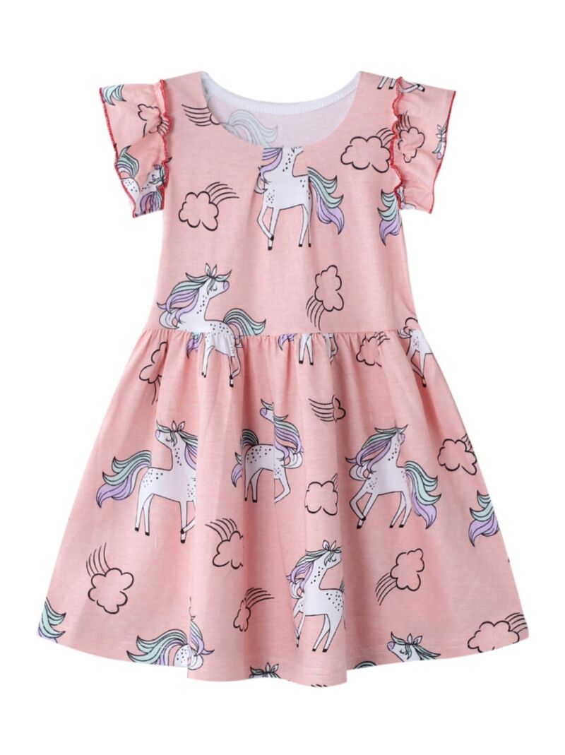 Wholesale Summer Little Girls Cartoon Horse Pink Dress
