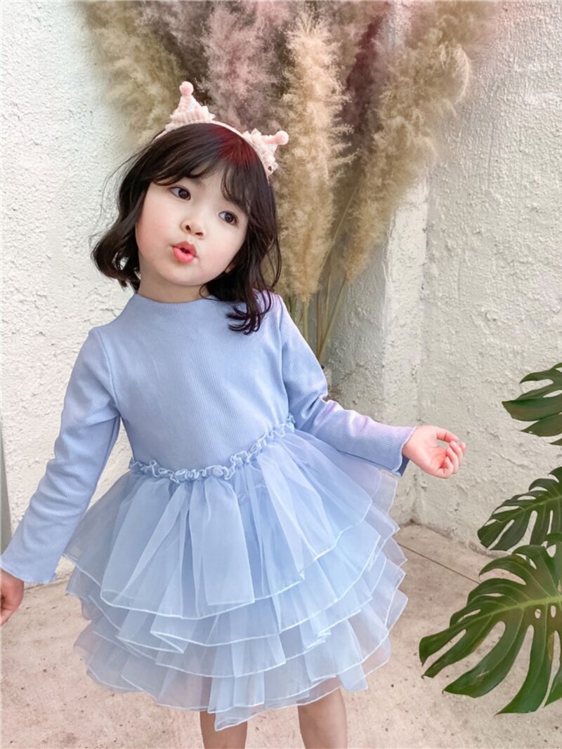 Wholesale Spring Little Girl Mesh Patchwork Layered Dre