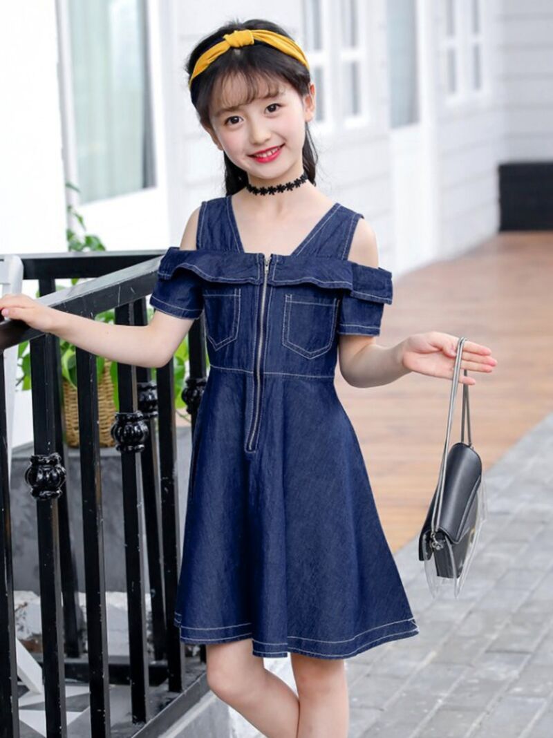 Wholesale Summer Girl Off-shoulder Blue Denim Dresses 2