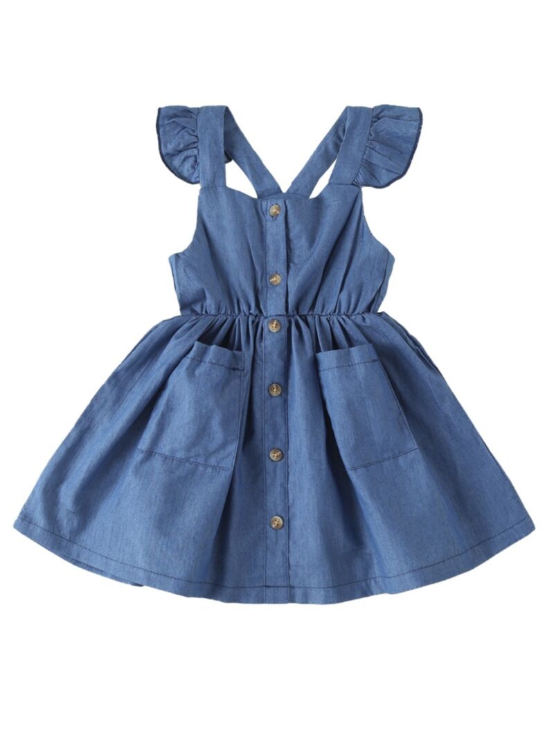 Wholesale Little Girl Flutter-sleeve Button Blue Dress