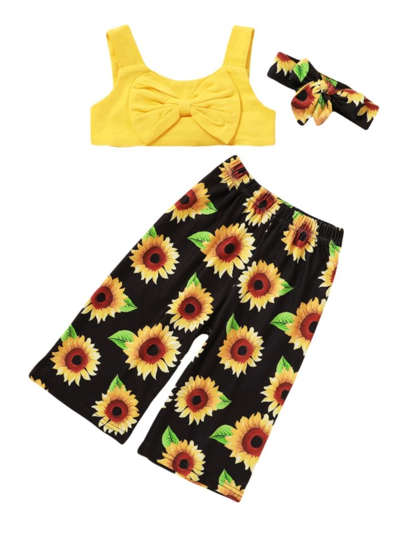 Wholesale 3 Pcs Kid Girl Crop Top & Sunflower Pants & H