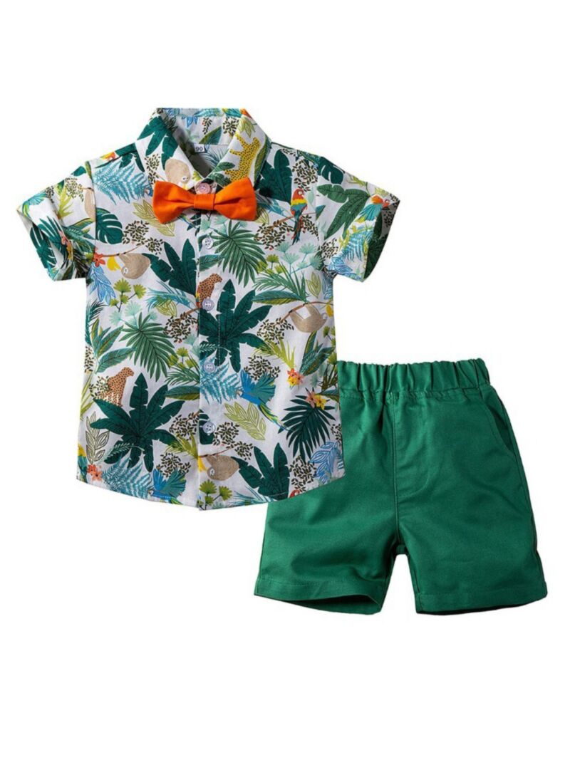 Wholesale Two-piece Little Boy Beach Green Printed Set