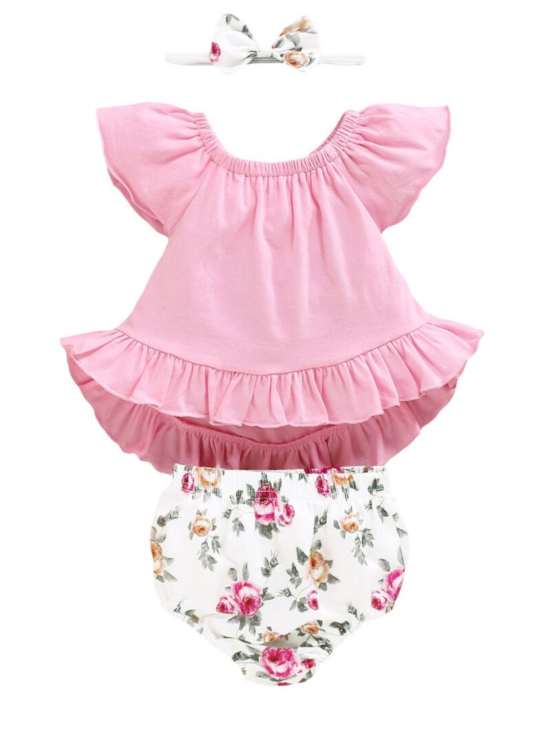 Wholesale 3 Pieces Baby Girl Floral Set Flutter Sleeve