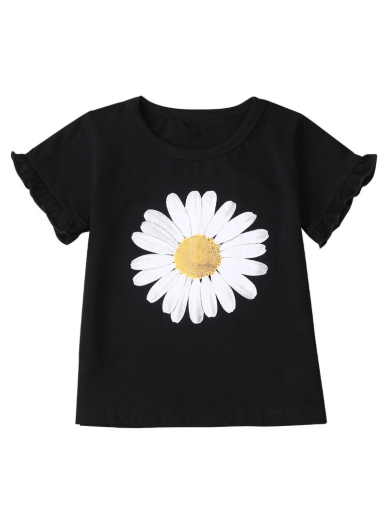 Wholesale Simple Little Girl Daisy Flower Black T-Shirt