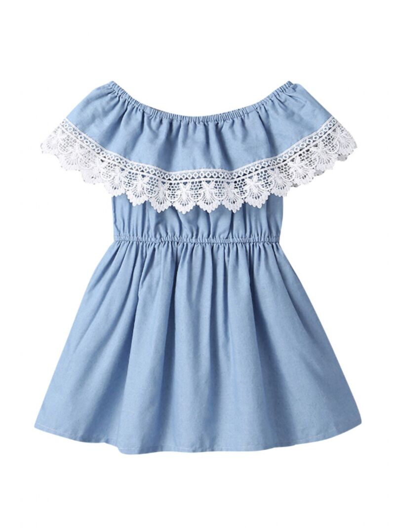 Wholesale Summer Little Girl Lace Trim Off Shoulder Blu