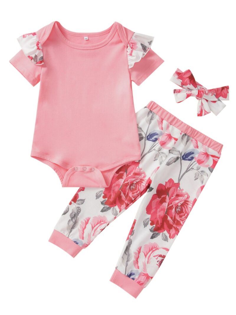 Wholesale 3 Pieces Baby Girl Floral Printed Pink Set Fl