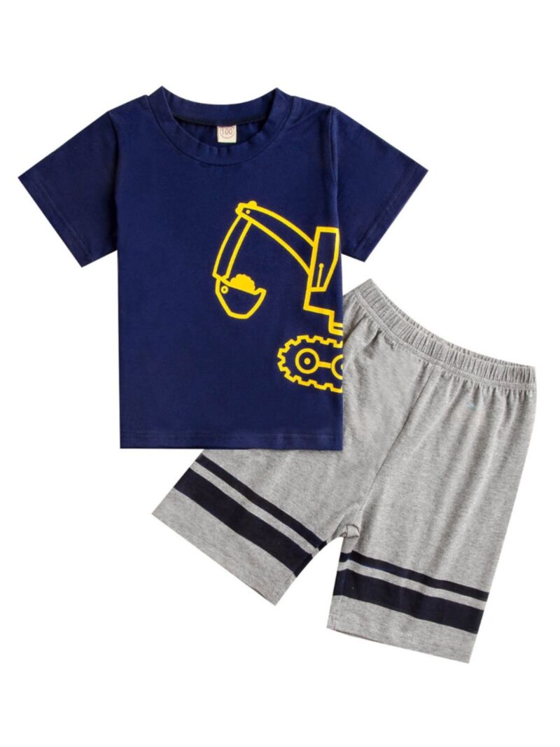 Wholesale 2 Pieces Kid Boy Cartoon Set Tractor Navy T-S