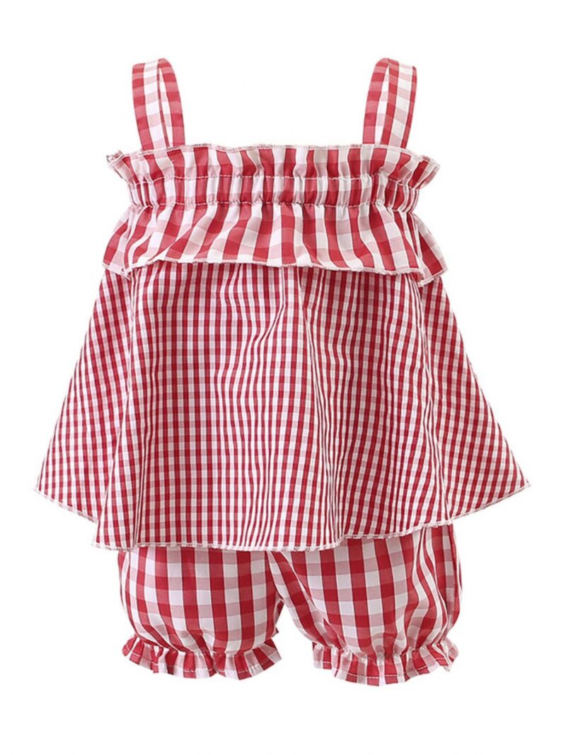 Wholesale 2 Pieces Little Girl Red Plaid Set Shirred Ca