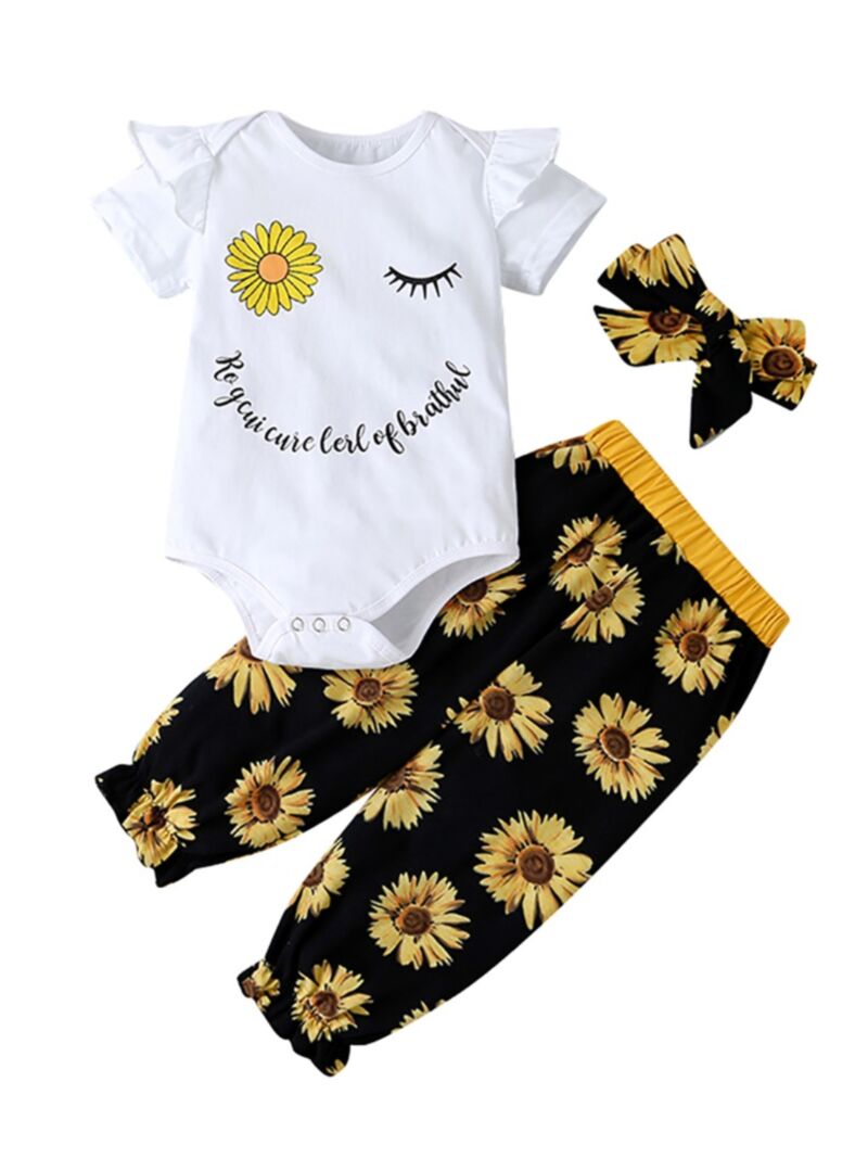 Wholesale 3 Pieces Baby Girl Sunflower Print Set Letter