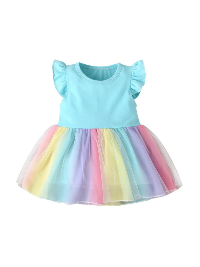Wholesale Baby Girl Flutter Sleeve Rainbow Mesh Dress 2