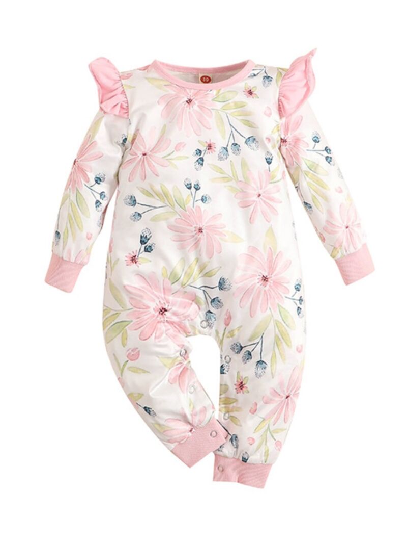 Wholesale Baby Girl Flutter Sleeve Floral Pink Jumpsuit