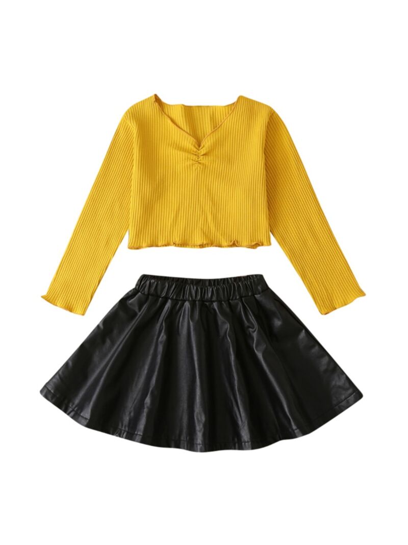 Wholesale 2 Pieces Kid Girl Set Yellow Top With PU Skir