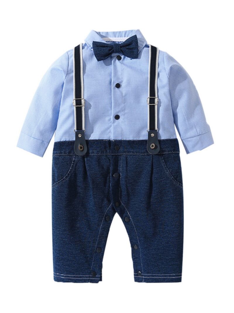 Wholesale Baby Boy Bowtie Stripe Denim Jumpsuit 2009158