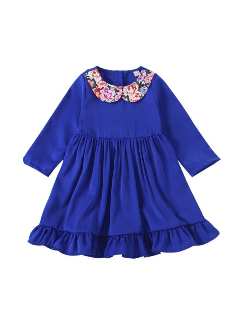 Wholesale Kid Girl Floral Contrast Collar Blue Dress 20