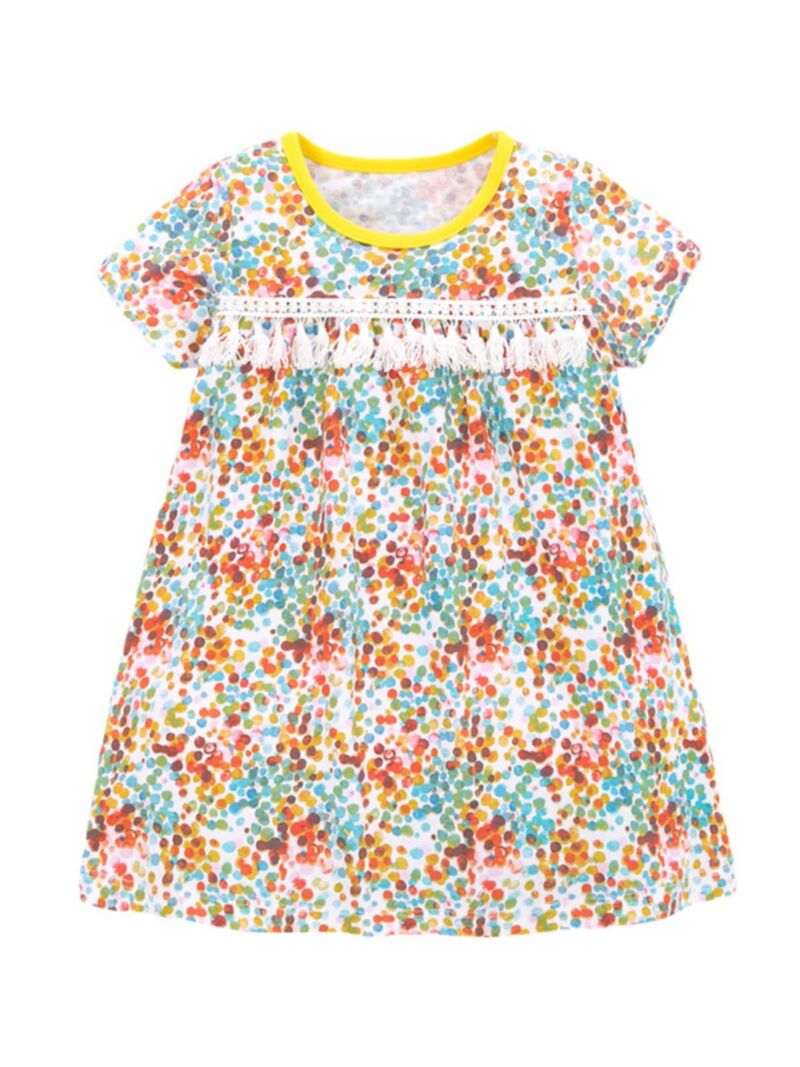 Wholesale Kid Girl Print Tassel Short Sleeve Dress 2101