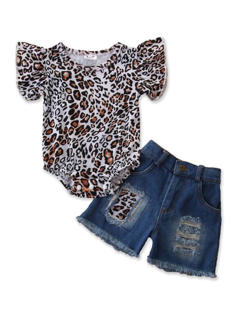 Wholesale 2 Pieces Baby Girl Leopard Flared Sleeve Body